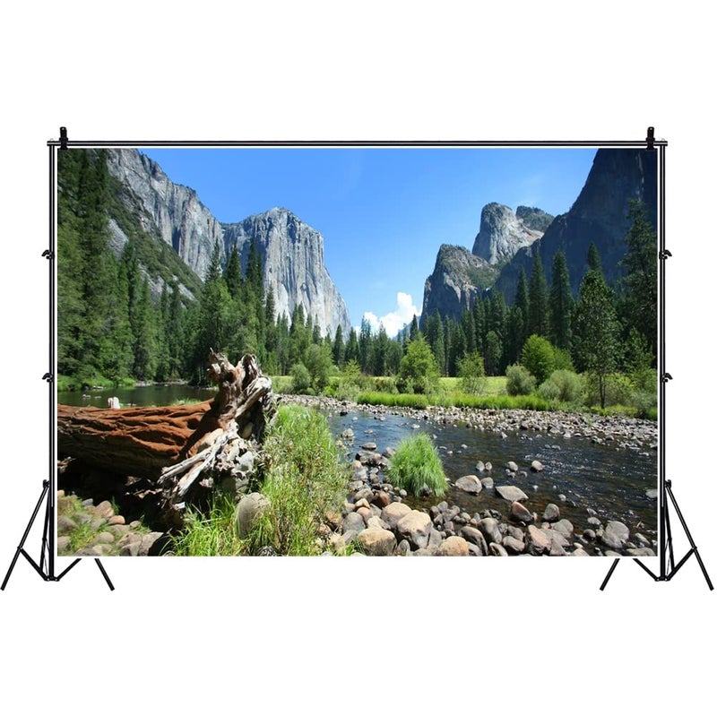 Laeacco Lake and Mountains Backdrop 7x5ft Natural Scenery Mountain Landscape Photography Backdrop Green Trees Rock Stone River Blue Sky View Backdrop Spring Summer Birthday Party Decor Supplies - Image 2